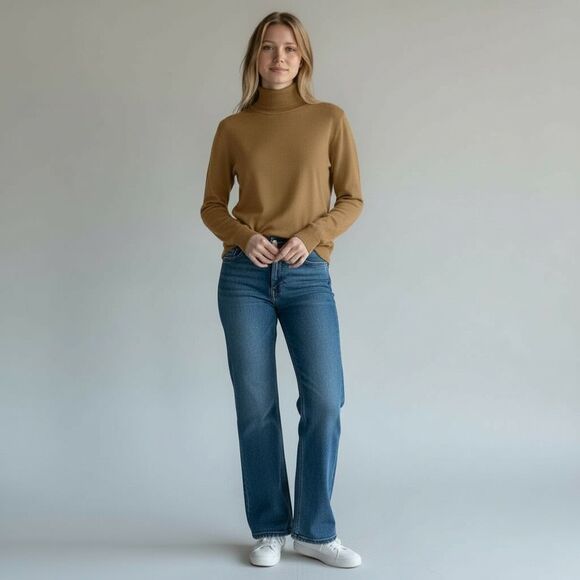LAUREN RALPH LAUREN Women’s Turtleneck Sweater M Tan Merino Wool Cotton Blend - Picture 1 of 12